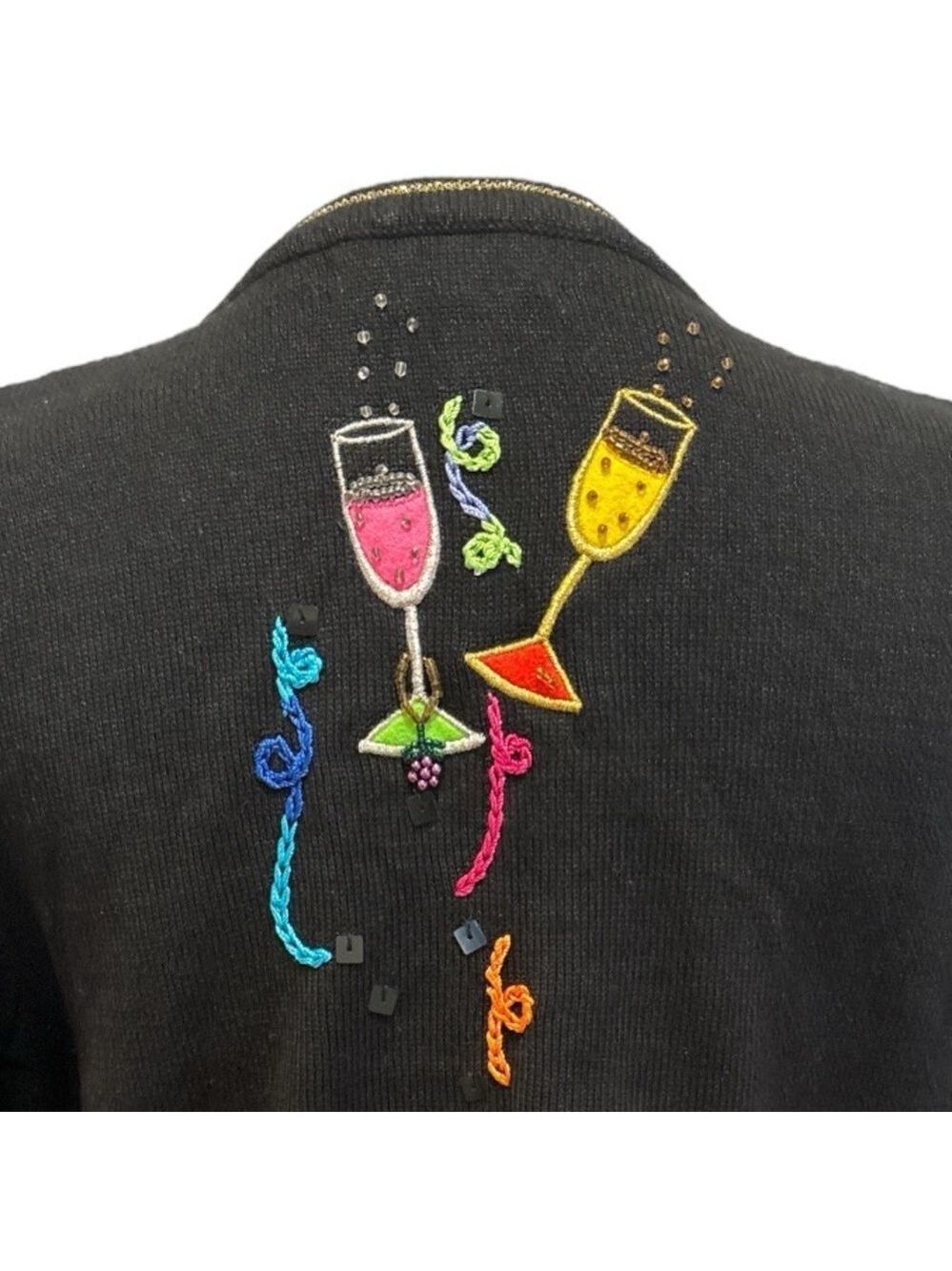 80s BERER 2 BLACK & MULTI-COLOR COCKTAILS HOUR W STREAMERS CARDIGAN SWEATER SZ S - Picture 10 of 12